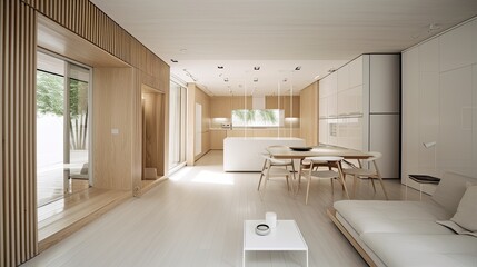 Modern light wooden living room which is the envy of all guests, Spacious interior. Generative AI Technology 