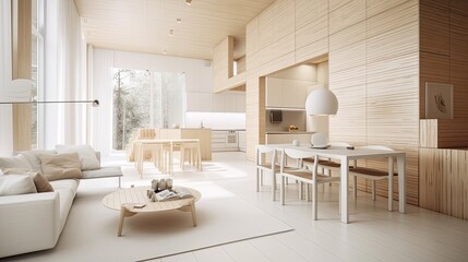 Modern light wooden living room which is the envy of all guests, Spacious interior. Generative AI Technology 