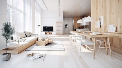 Plakat Modern light wooden living room which is the envy of all guests, Spacious interior. Generative AI Technology 