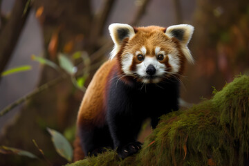 Fototapeta premium Red Panda - Himalayas and China - A small arboreal mammal with a distinctive red and white coat and a bamboo-based diet. They are listed as endangered due to habitat loss and poaching (Generative AI)