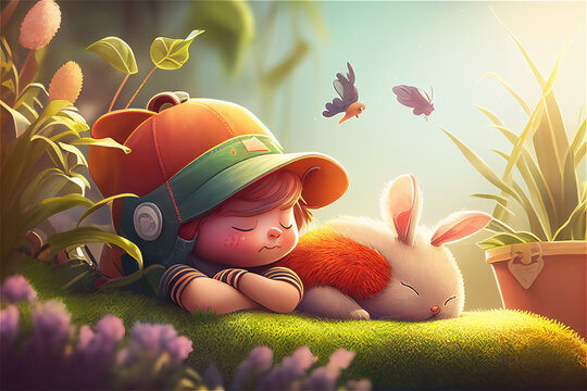 Children's superhero dreaming, gardener with funny hat and colorful rabbit, cute face. Bright light, baby book story ilustration. Generative AI technology.