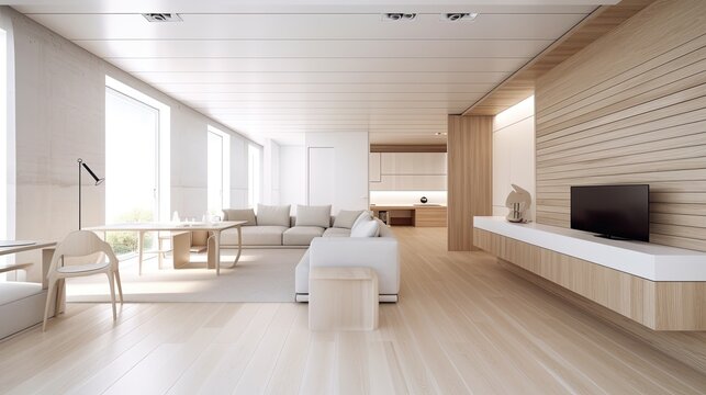 Modern light wooden living room which is the envy of all guests, Spacious interior. Generative AI Technology 