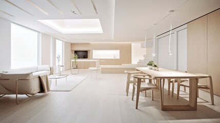 Fototapeta premium Modern light wooden living room which is the envy of all guests, Spacious interior. Generative AI Technology 
