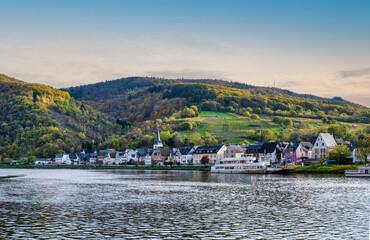 Fototapeta na wymiar Briedern village on Moselle river during autumn in Cochem-Zell district, Germany