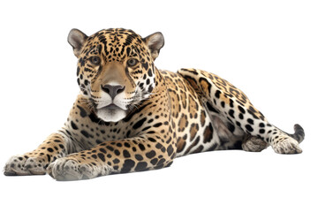 Fototapeta na wymiar an isolated jaguar side-view, laying down, reclining, horizontal, fierce jungle-themed photorealistic illustration on a transparent background in PNG. Panthera onca. Generative AI
