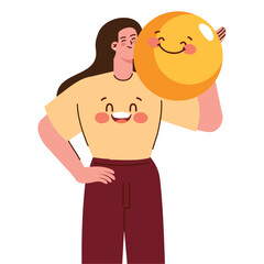 Joyful woman with smiling emoji