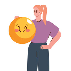 Cheerful woman and smiling emoji