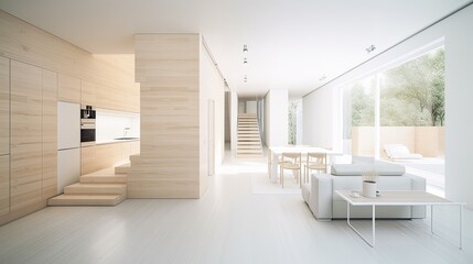 Living room made of light wooden for the cozy home, interior. Generative AI Technology 