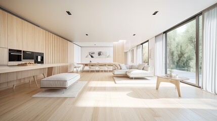 Fototapeta na wymiar Living room made of light wooden for the cozy home, interior. Generative AI Technology 
