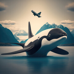 Naklejka premium The killer whale takes off from the ocean like a plane. AI generative illustration.