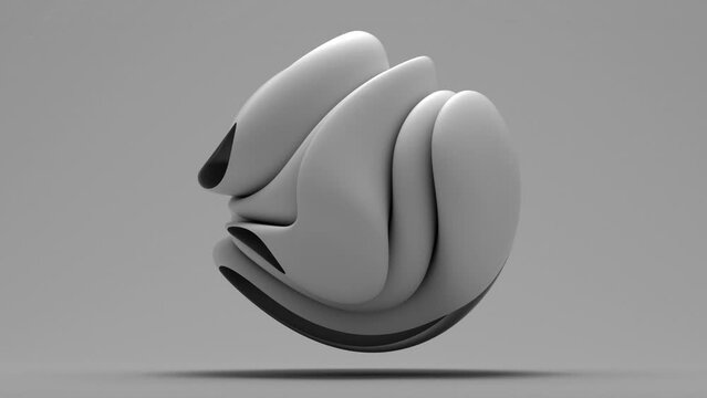 3d video render with abstract black and white monochrome art with surreal ball sculpture in spherical organic curve wavy smooth soft biological lines forms with glass black parts on white background