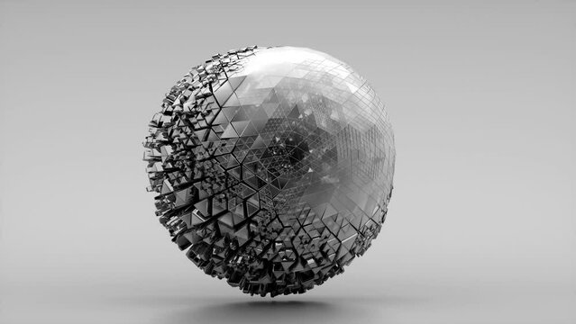 3d render monochrome black and white abstract art video animation with surreal flying cyber ball or sphere with fractal technology structure  based on octagon wire structure in transformation process 