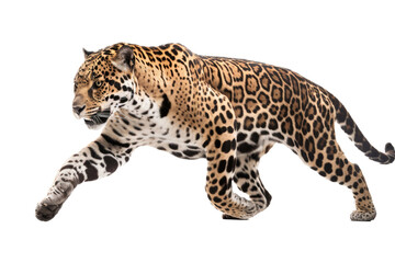 Fototapeta premium an isolated jaguar side-view, whole body, stalking prey, horizontal, fierce jungle-themed photorealistic illustration on a transparent background in PNG. Panthera onca. Generative AI