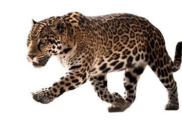 Obraz premium an isolated jaguar side-view, whole body, stalking prey, horizontal, fierce jungle-themed photorealistic illustration on a transparent background in PNG. Panthera onca. Generative AI