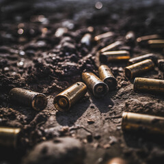 Bullet casings on muddy ground in a trench on a modern battlefield