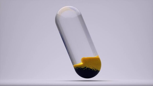 3d render of abstract art video animation with surreal rotating glass capsule or pill with mixing liquid substances inside based on small balls particles in yellow gold color and dark blue gray back