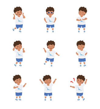 Cute little boy expressing different emotions set. Dark haired curly boy dressed casual clothes showing various face expression cartoon vector illustration