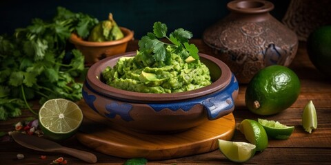 Bowl with tasty guacamole and nachos on table, closeup. Ai generative