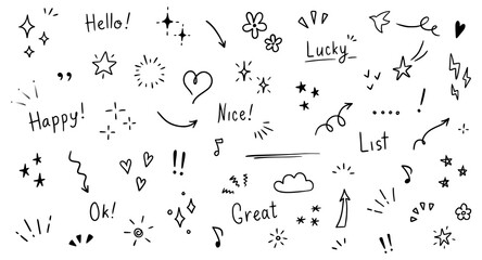 Obraz premium Doodle cute glitter pen line elements. Doodle heart, arrow, star, sparkle decoration symbol set icon. Simple sketch line style emphasis, attention, pattern elements. Vector illustration.