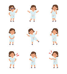 Little girl expressing positive and negative emotions set. Cute girl dressed t-shirt and shorts showing various face expression and gesturing cartoon vector illustration