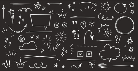 Sketch underline, emphasis, arrow shape set on chalkboard background. Hand drawn brush stroke, highlight, speech bubble, underline, sparkle element. Vector illustration