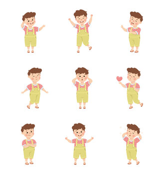 Cute little boy with different emotions set. Brown haired boy dressed jumpsuit showing various face expression and gesturing cartoon vector illustration