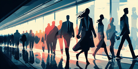 Crowd of business people walking, illustration drawing. Generative AI