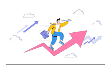Investment opportunity, visionary to earn profit, make money or financial growth concept. Smart businessman riding arrow holding telescope to see future. Minimal vector illustration for landing page