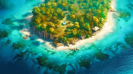 Small tropical island in the ocean. Shot was taken from seaplane