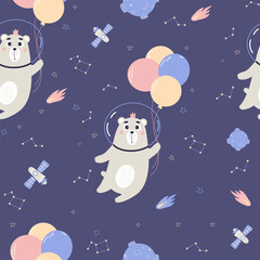 Fototapeta na wymiar Space seamless pattern. Cute astronaut bear with balloons, stars and meteorites on dark blue background. Vector illustration for baby collection, design, decor, wallpaper, packaging and textile.