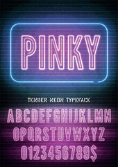 Pinky night light extra glowing effect bold narrow font with numbers on dark brick wall background. Vector fresh neon alphabet