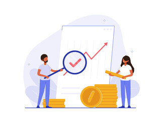 Analyst looks graph of earnings growth. Marketing data analysis. Business profit report. Successful investment of capital or money. Modern flat colorful vector illustration for banner, poster.