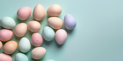 Pastel Easter eggs on blue background top view. Springtime holidays concept with copy space. Top view