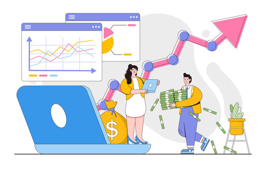 Make money online and earn profit concept. Group of successful investors or business people growths profit. Outline design style minimal vector illustration for landing page, web banner, hero images