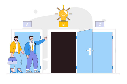 Business decision making, choice of market entry strategy concept. Businessman and businesswoman choosing door to enter. Outline design style minimal vector illustration for landing page, hero images