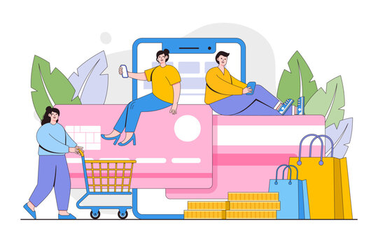 Online payment concept. Man and woman with smartphone makes online shopping sitting on a big credit card. Outline design style minimal vector illustration for landing page, infographics, hero images