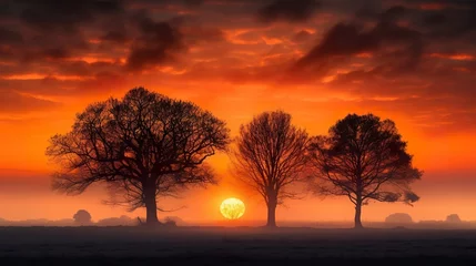Vlies Fototapete Orange A lone tree or group of trees silhouetted against a beautiful sunrise, AI generative