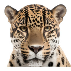 Fototapeta premium an isolated jaguar jungle cat FACE, FRONT-view portrait, jungle-themed photorealistic illustration on a transparent background cutout in PNG