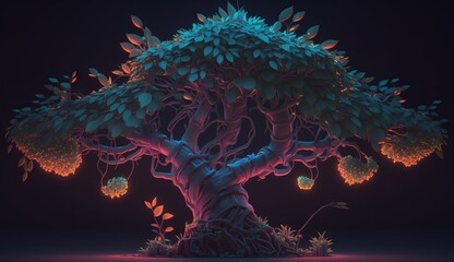 soothing Bonsai tree with neon branches and bark in a unique shape that extends beyond the monitor. ai generation