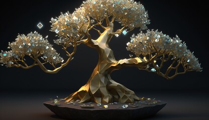 A golden bonsai with many details and a unique shape that transcends the monitor with diamond leaves. ai generation