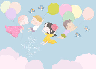 Cartoon Happy Kids flying with Balloons in the Sky