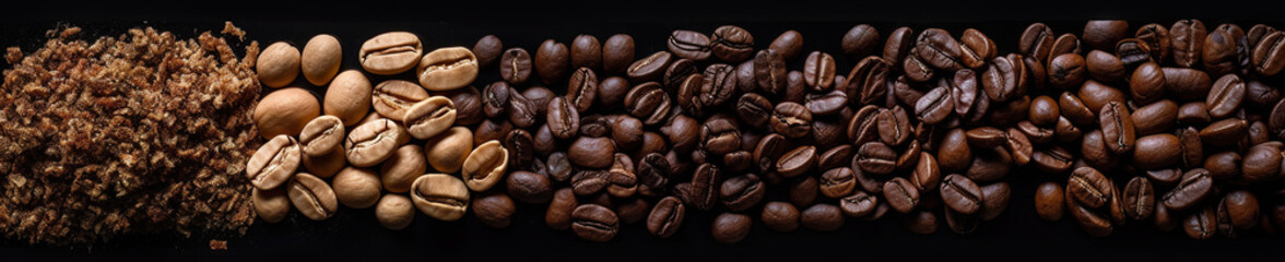 Fototapeta premium Panoramic banner with coffee beans, close-up on many different kinds on black background, AI generative