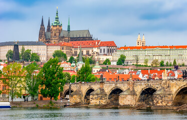 Fototapeta na wymiar Prague cityscape with Prague Castle and Charles bridge, Czech Republic