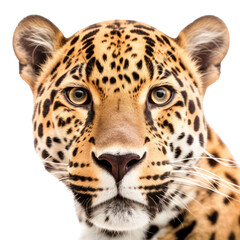 an isolated jaguar jungle cat FACE, FRONT-view portrait, jungle-themed photorealistic illustration on a transparent background cutout in PNG