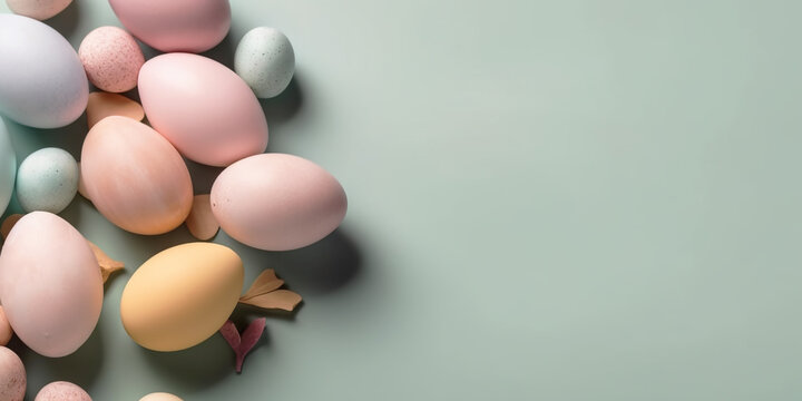 Pastel Easter eggs on blue background top view. Springtime holidays concept with copy space. Top view