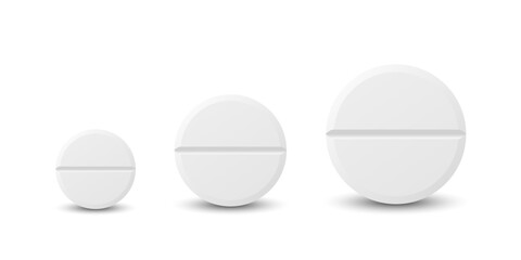 Vector 3d Realistic White Round Pharmaceutical Medical Pill, Capsule, Tablet Icon Set Closeup Isolated On White Background. Front View. Medicine, Health Concept