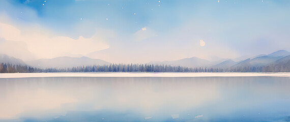 Obraz premium Landscape of a frozen lake, a forest in the middle ground and mountains in the distance with ice peaks, Generative AI.