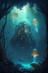 Fototapeta na wymiar Underwater world with jellyfish Generative AI