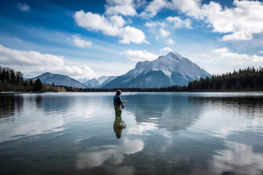 A Person Fishing in a Lake With Beautiful Mountain Scenery