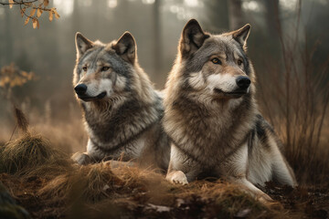 Portrait of two wolves - obrazy, fototapety, plakaty